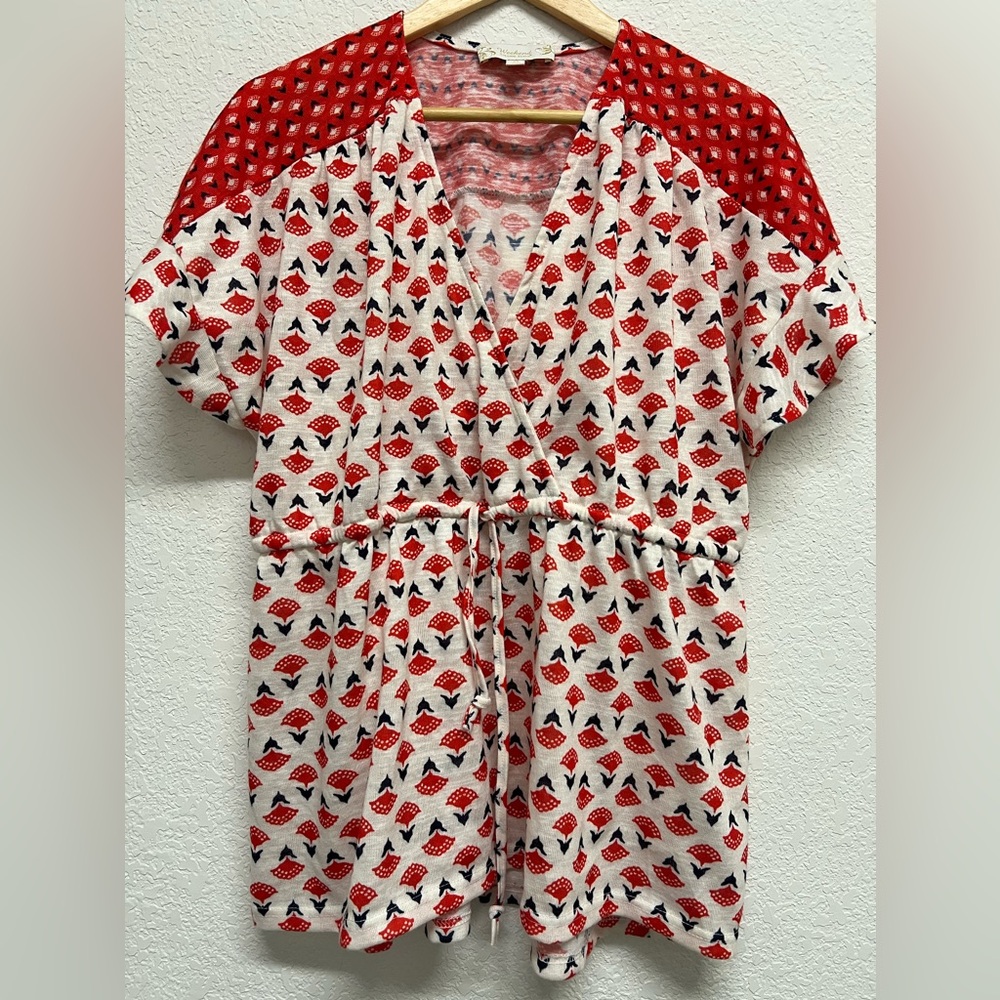 Women’s Red and White Babydoll V Neck Short Sleeve Top